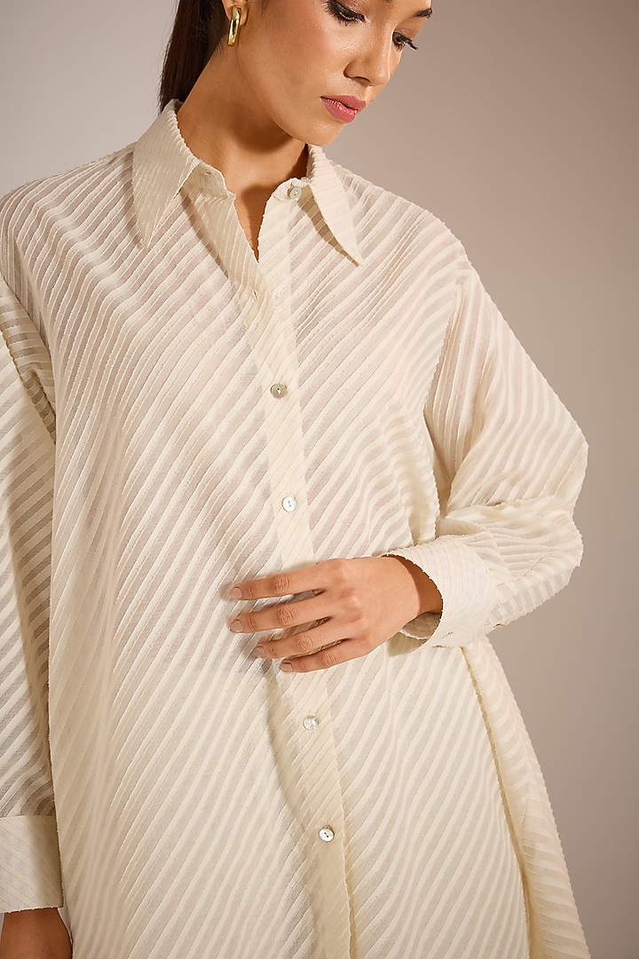 Ecru Striped Cotton Asymmetric Shirt by Urvashi Kaur at Pernia's Pop Up Shop