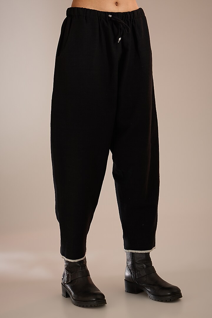 Black Handspun Handloom Denim Pants by Urvashi Kaur at Pernia's Pop Up Shop