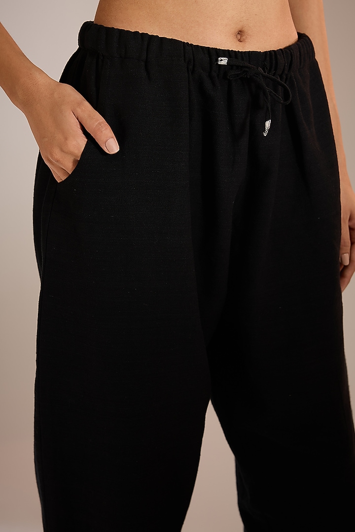 Black Handspun Handloom Denim Pants by Urvashi Kaur at Pernia's Pop Up Shop