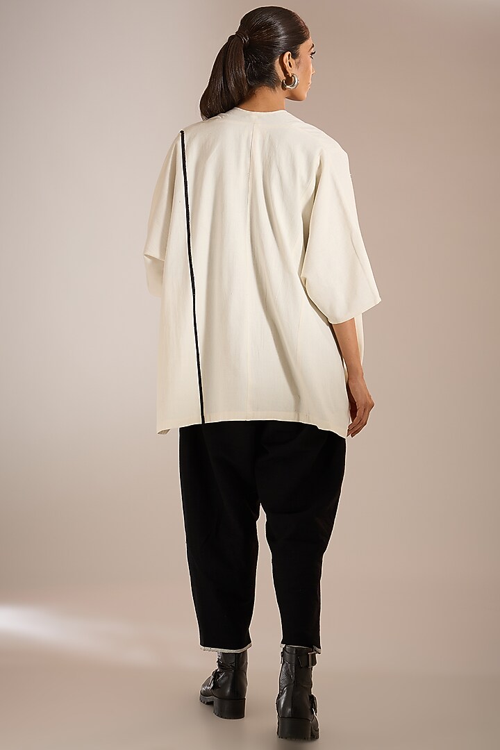 White Handloom Denim Block Printed Paneled Jacket by Urvashi Kaur at Pernia's Pop Up Shop