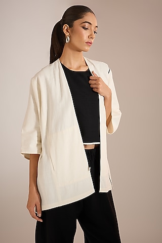 White Handloom Denim Block Printed Paneled Jacket by Urvashi Kaur