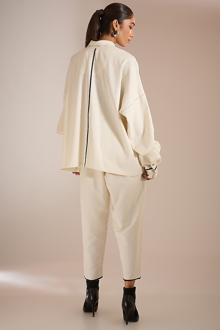 Ecru Handloom Denim Shirt by Urvashi Kaur at Pernia's Pop Up Shop