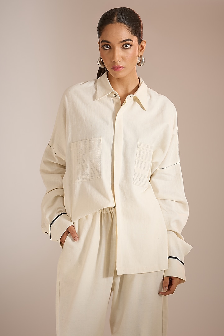 Ecru Handloom Denim Shirt by Urvashi Kaur at Pernia's Pop Up Shop