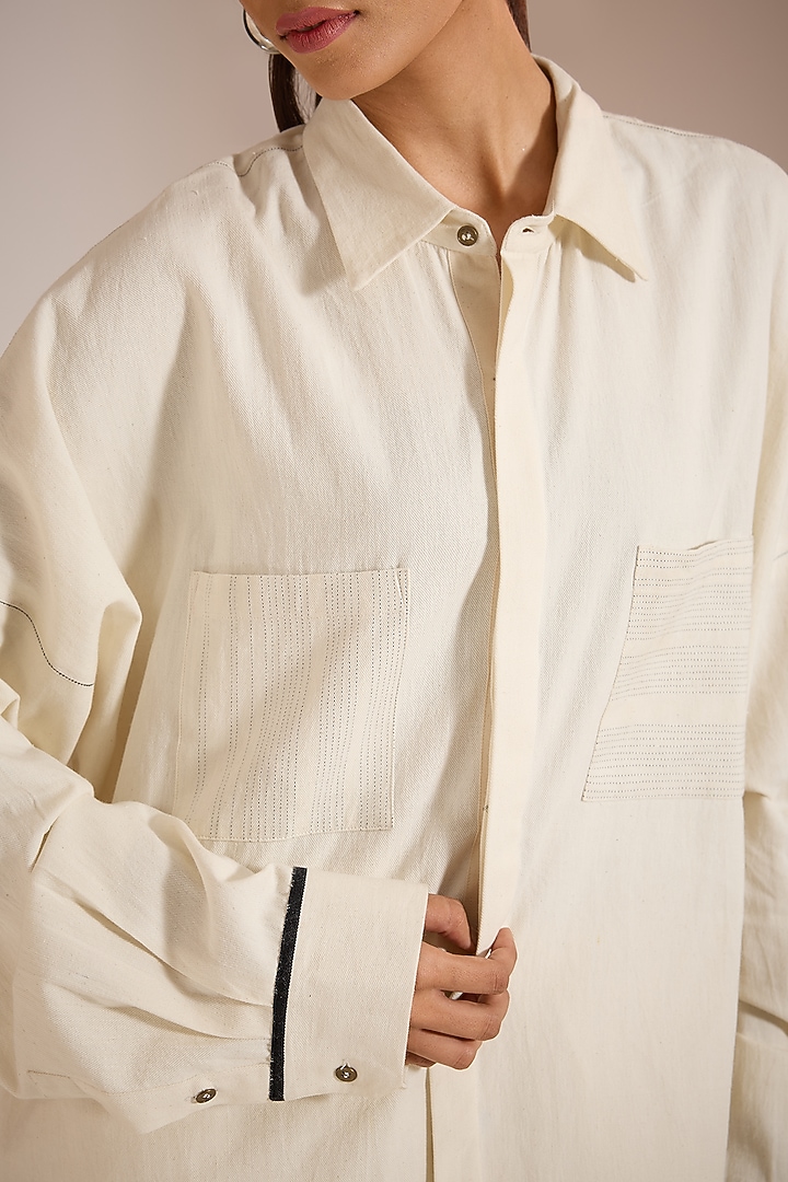 Ecru Handloom Denim Shirt by Urvashi Kaur at Pernia's Pop Up Shop