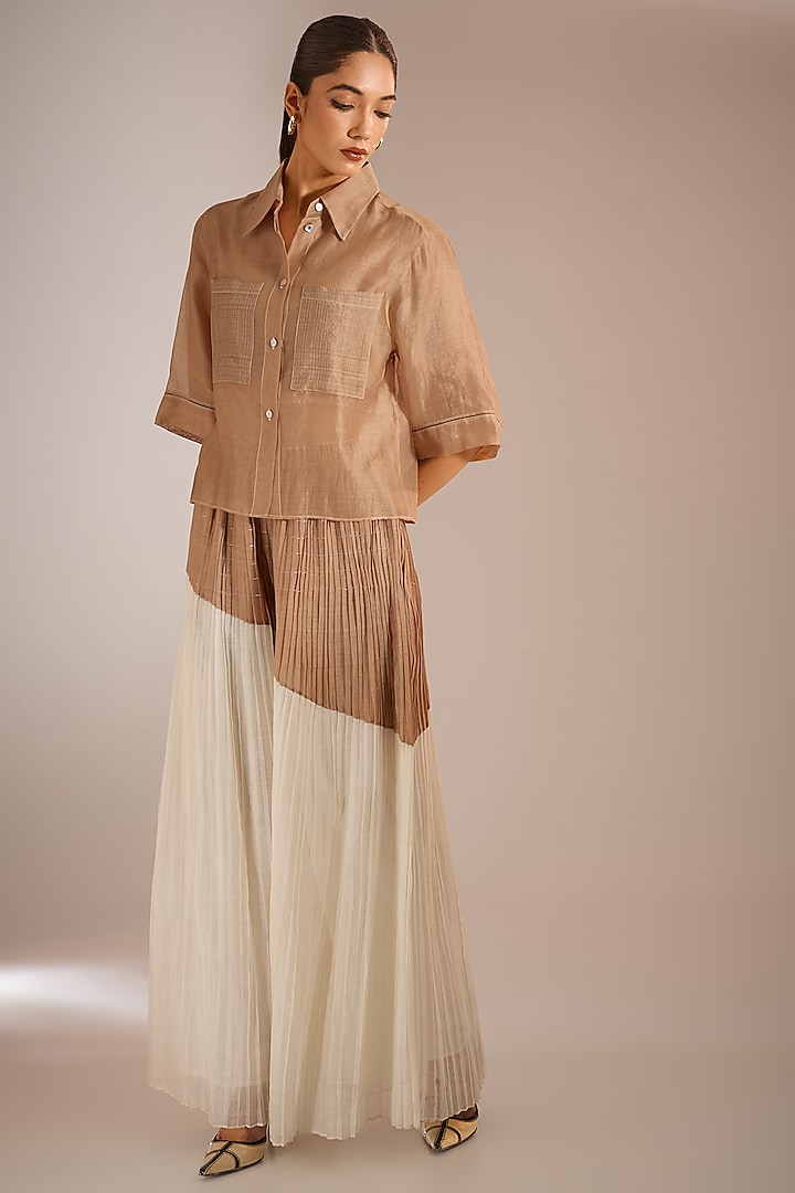 Ecru & Nude Handloom Chanderi Silk Wide Pants by Urvashi Kaur at Pernia's Pop Up Shop