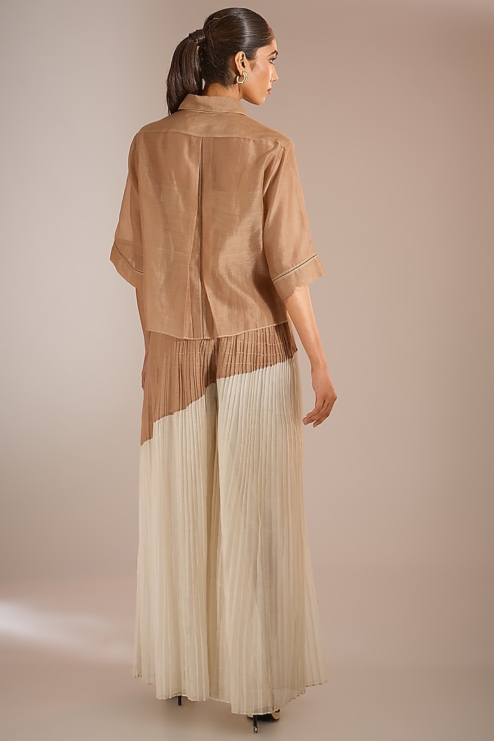 Ecru & Nude Handloom Chanderi Silk Wide Pants by Urvashi Kaur at Pernia's Pop Up Shop