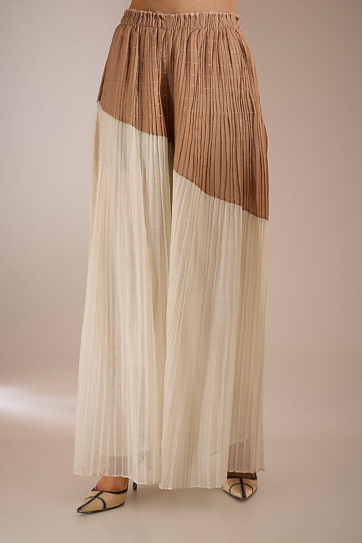 Ecru & Nude Handloom Chanderi Silk Wide Pants by Urvashi Kaur at Pernia's Pop Up Shop