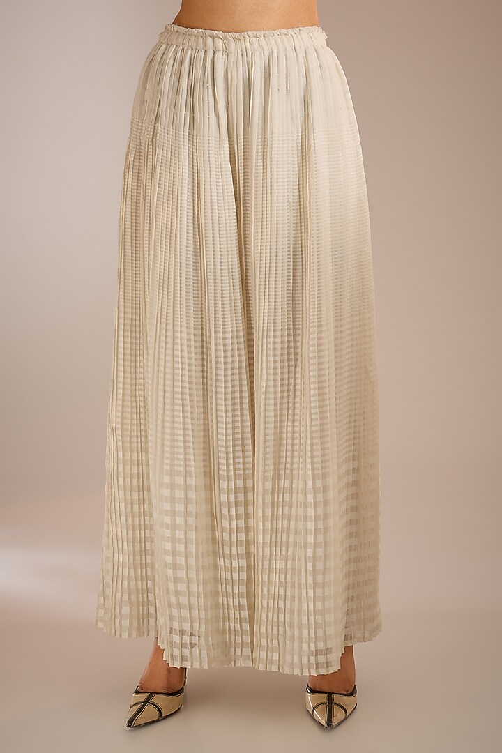 Ecru Handloom Chanderi Silk Pleated Pants by Urvashi Kaur at Pernia's Pop Up Shop