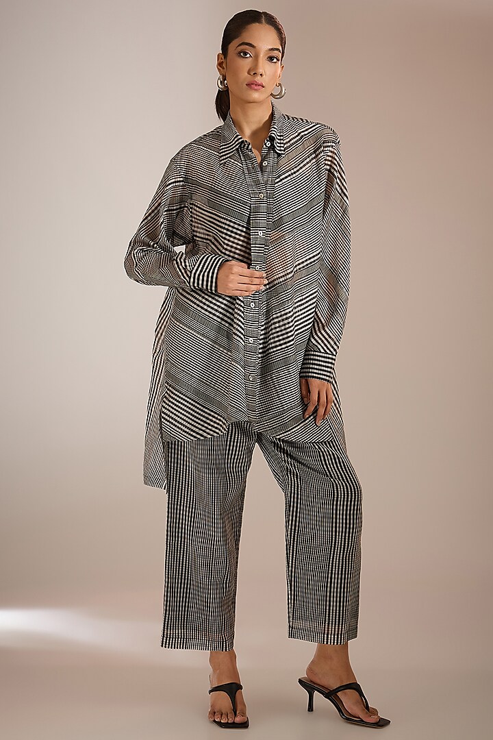 Black Handwoven Maheshwari Silk Checkered Paneled Shirt by Urvashi Kaur at Pernia's Pop Up Shop