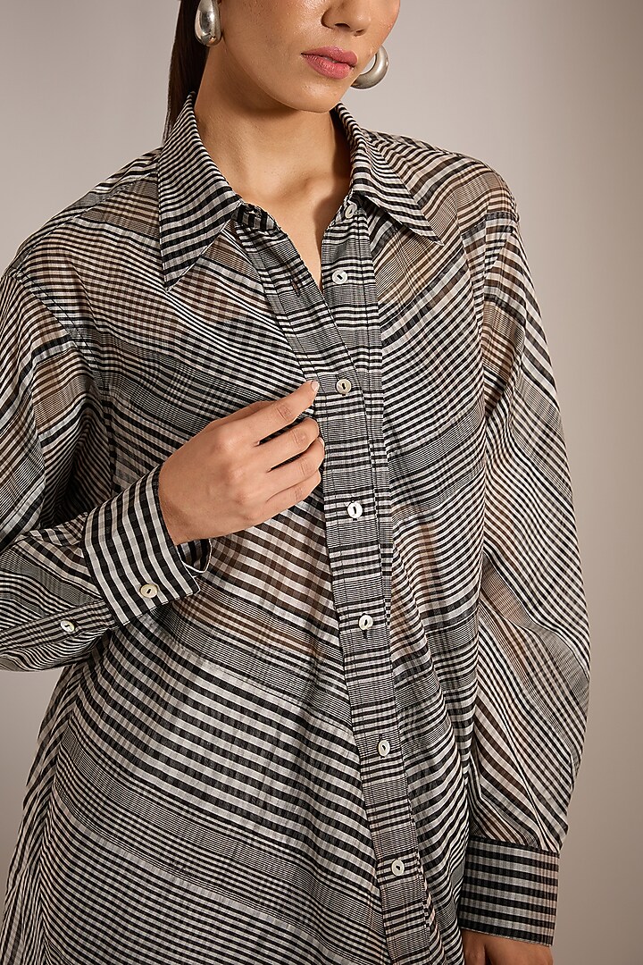 Black Handwoven Maheshwari Silk Checkered Paneled Shirt by Urvashi Kaur at Pernia's Pop Up Shop