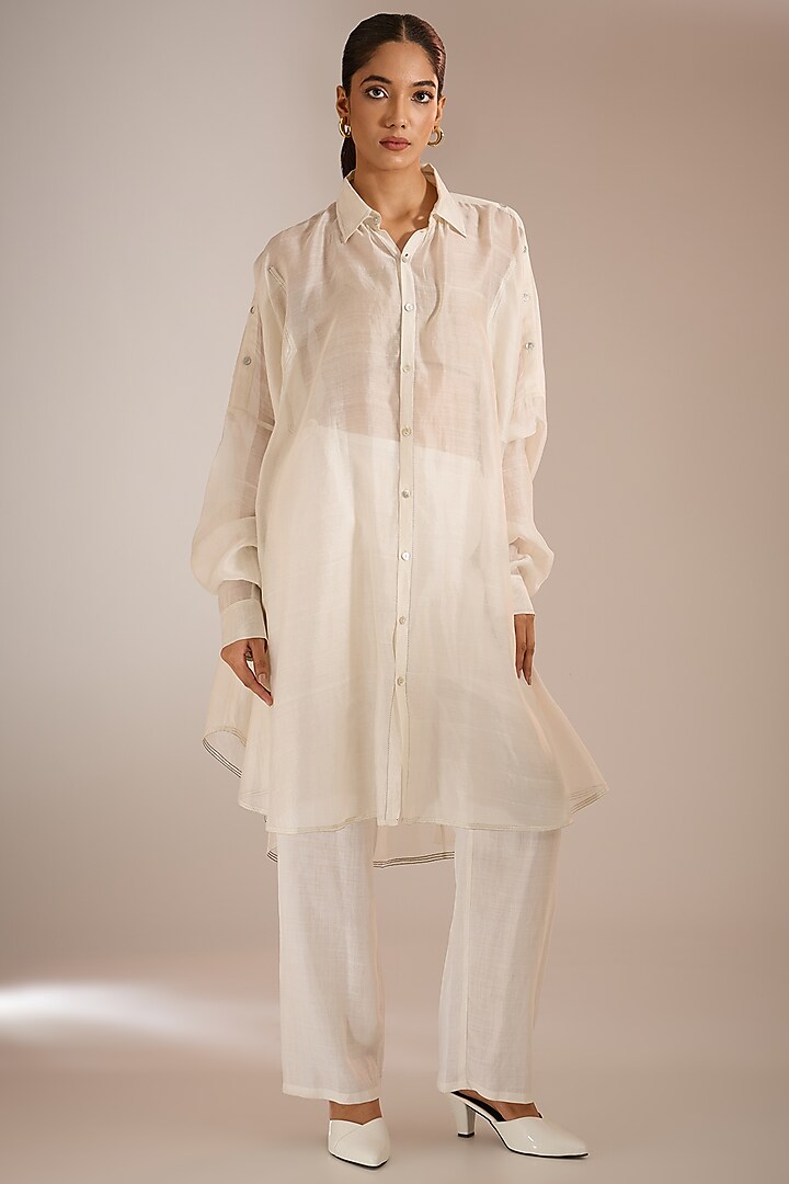 Ecru Handloom Chanderi Silk Oversized Shirt by Urvashi Kaur at Pernia's Pop Up Shop