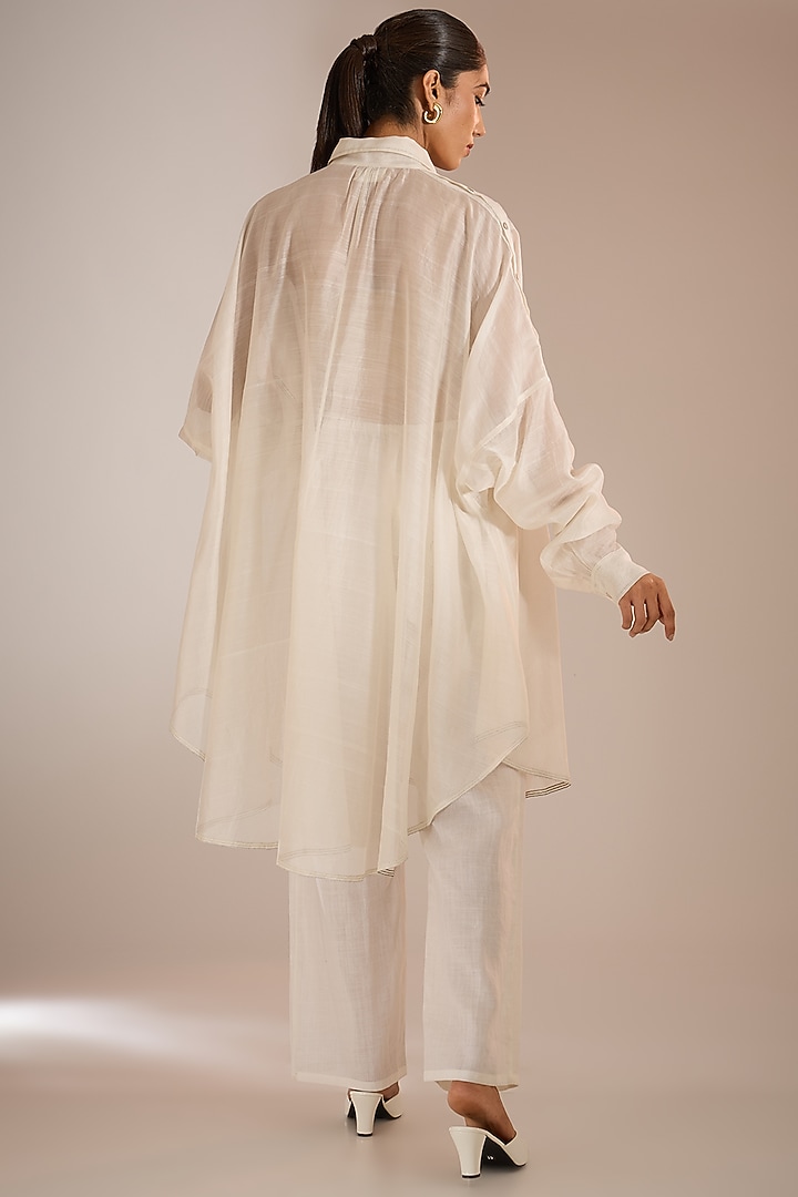 Ecru Handloom Chanderi Silk Oversized Shirt by Urvashi Kaur at Pernia's Pop Up Shop