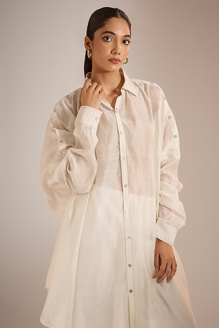 Ecru Handloom Chanderi Silk Oversized Shirt by Urvashi Kaur at Pernia's Pop Up Shop