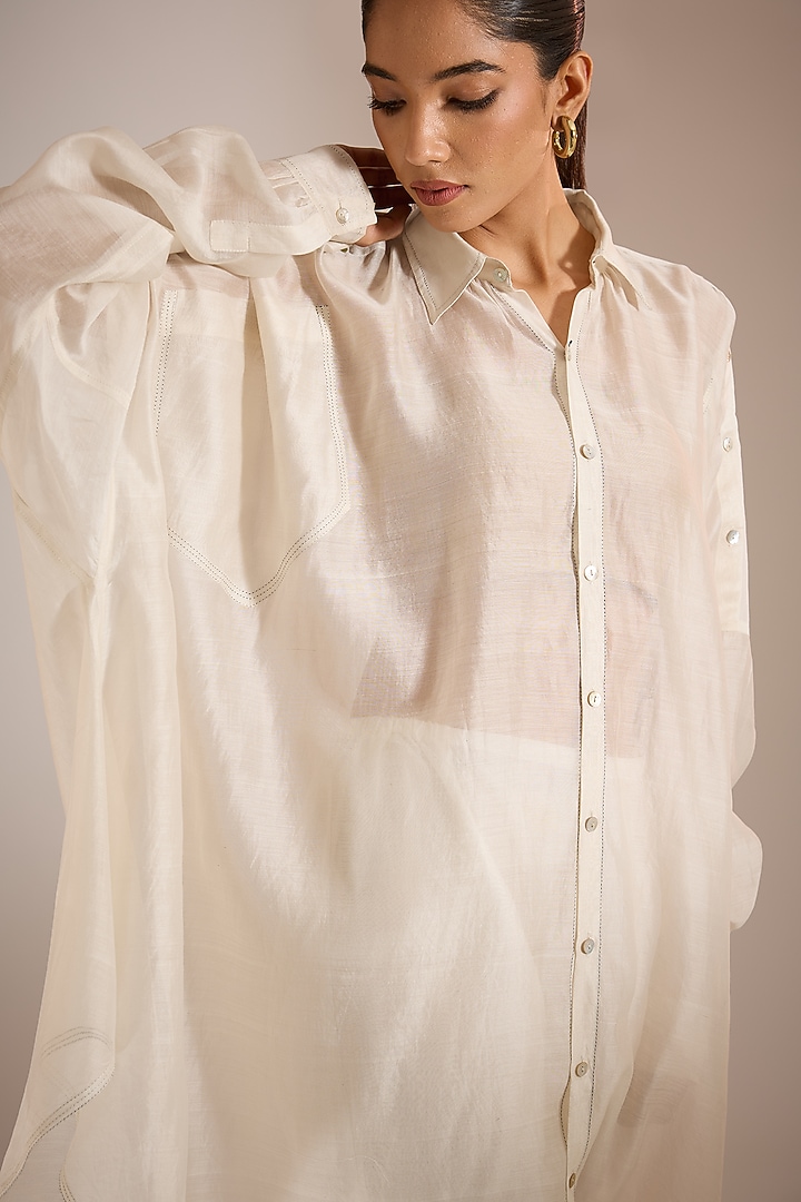 Ecru Handloom Chanderi Silk Oversized Shirt by Urvashi Kaur at Pernia's Pop Up Shop