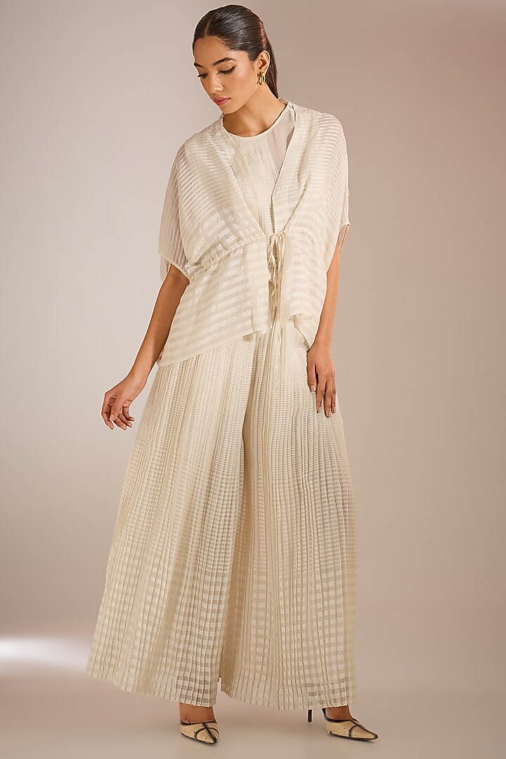 Ecru Handwoven Chanderi Silk Tie-Up Gathered Jacket by Urvashi Kaur at Pernia's Pop Up Shop