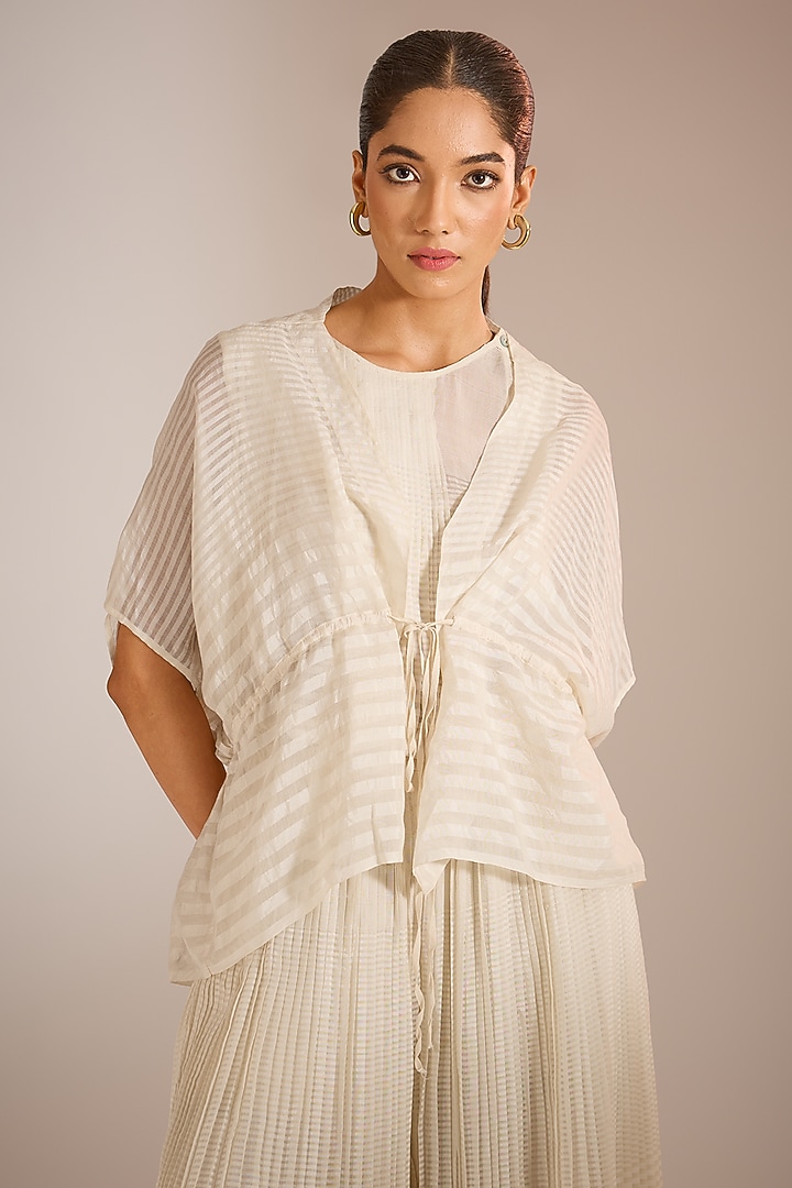 Ecru Handwoven Chanderi Silk Tie-Up Gathered Jacket by Urvashi Kaur at Pernia's Pop Up Shop