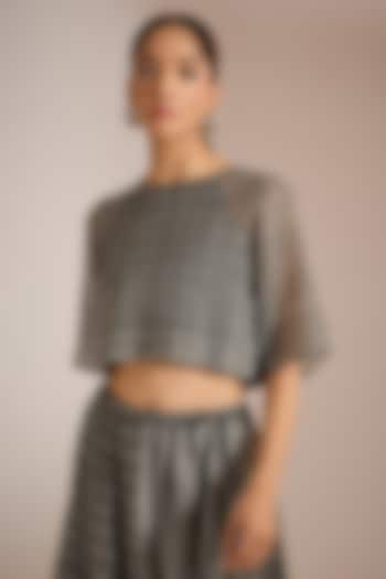 Black Handwoven Maheshwari Silk Checkered Crop Top by Urvashi Kaur at Pernia's Pop Up Shop