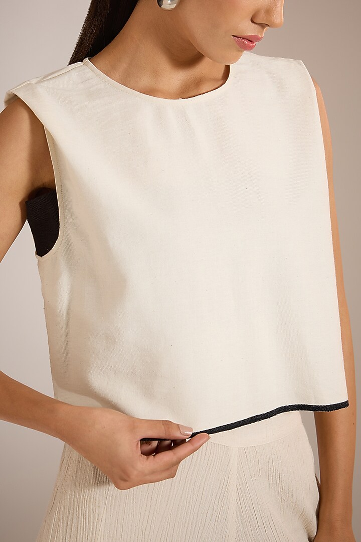 Ecru Handloom Denim Paneled Crop Top by Urvashi Kaur at Pernia's Pop Up Shop