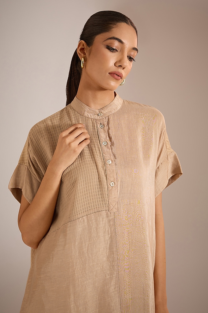 Ecru & Beige Linen Silk A-Line Midi Vacation Dress by Urvashi Kaur at Pernia's Pop Up Shop