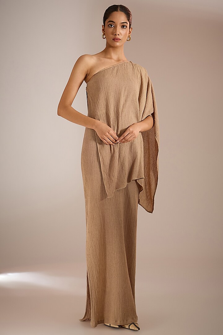 Nude Cotton & Sheer Overlay Maxi Dress by Urvashi Kaur at Pernia's Pop Up Shop