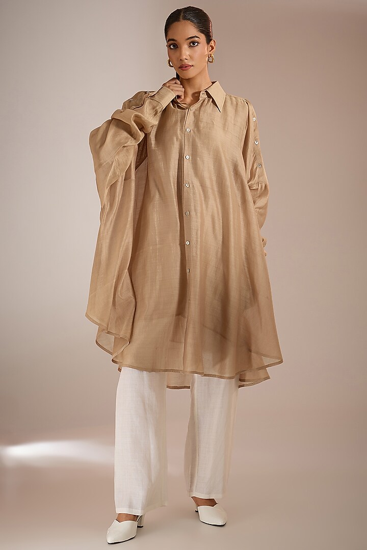 Beige Handloom Chanderi Silk Shirt by Urvashi Kaur at Pernia's Pop Up Shop