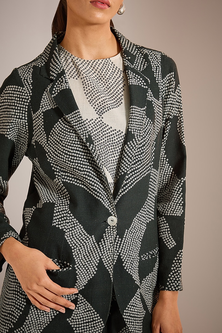 Black Handloom Cotton Khad Shibori Printed Blazer by Urvashi Kaur at Pernia's Pop Up Shop