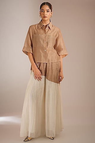 Nude Chanderi Cotton Silk Cropped Shirt by Urvashi Kaur