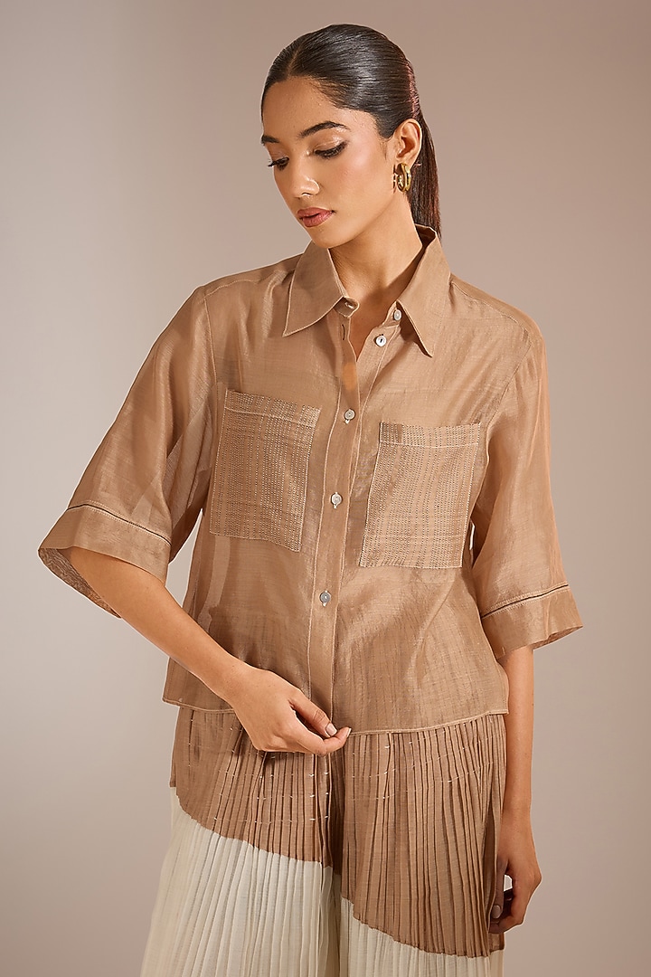 Nude Chanderi Cotton Silk Cropped Shirt by Urvashi Kaur at Pernia's Pop Up Shop