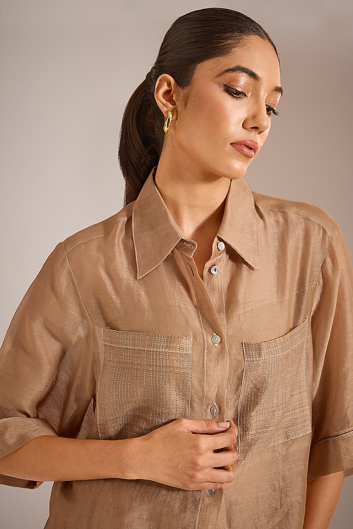 Nude Chanderi Cotton Silk Cropped Shirt by Urvashi Kaur at Pernia's Pop Up Shop