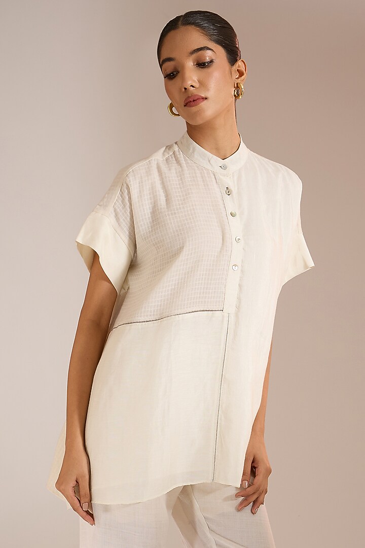 Ecru White Linen Silk A-Line Top by Urvashi Kaur at Pernia's Pop Up Shop