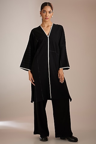 Black Handspun Handloom Denim Panelled Dress by Urvashi Kaur