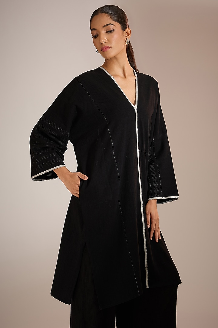 Black Handspun Handloom Denim Panelled Summer Dress by Urvashi Kaur at Pernia's Pop Up Shop