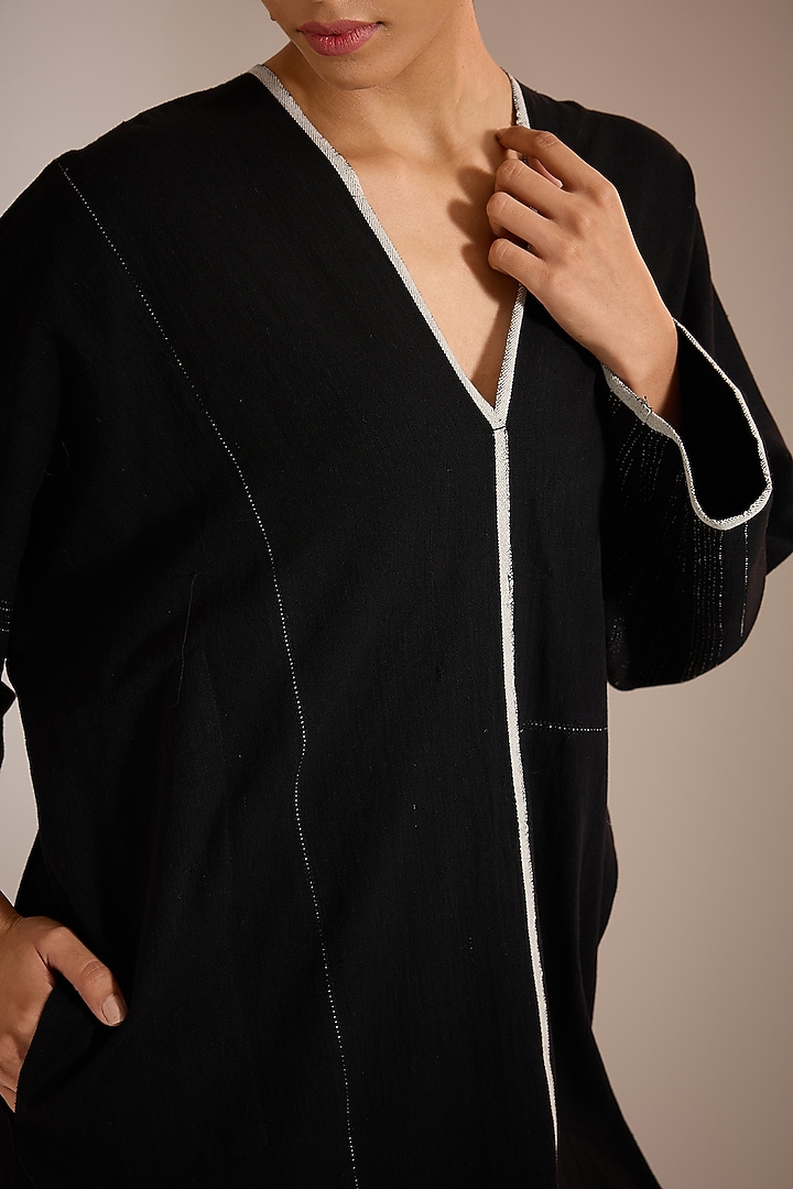 Black Handspun Handloom Denim Panelled Summer Dress by Urvashi Kaur at Pernia's Pop Up Shop