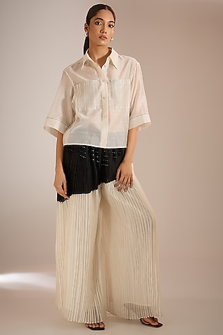 Ecru White Handloom Chanderi Silk Boxy Crop Shirt by Urvashi Kaur