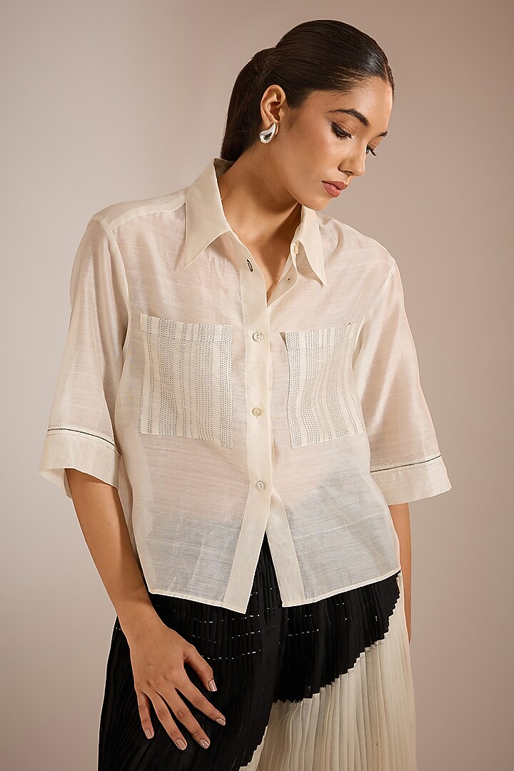 Ecru White Handloom Chanderi Silk Boxy Crop Shirt by Urvashi Kaur at Pernia's Pop Up Shop