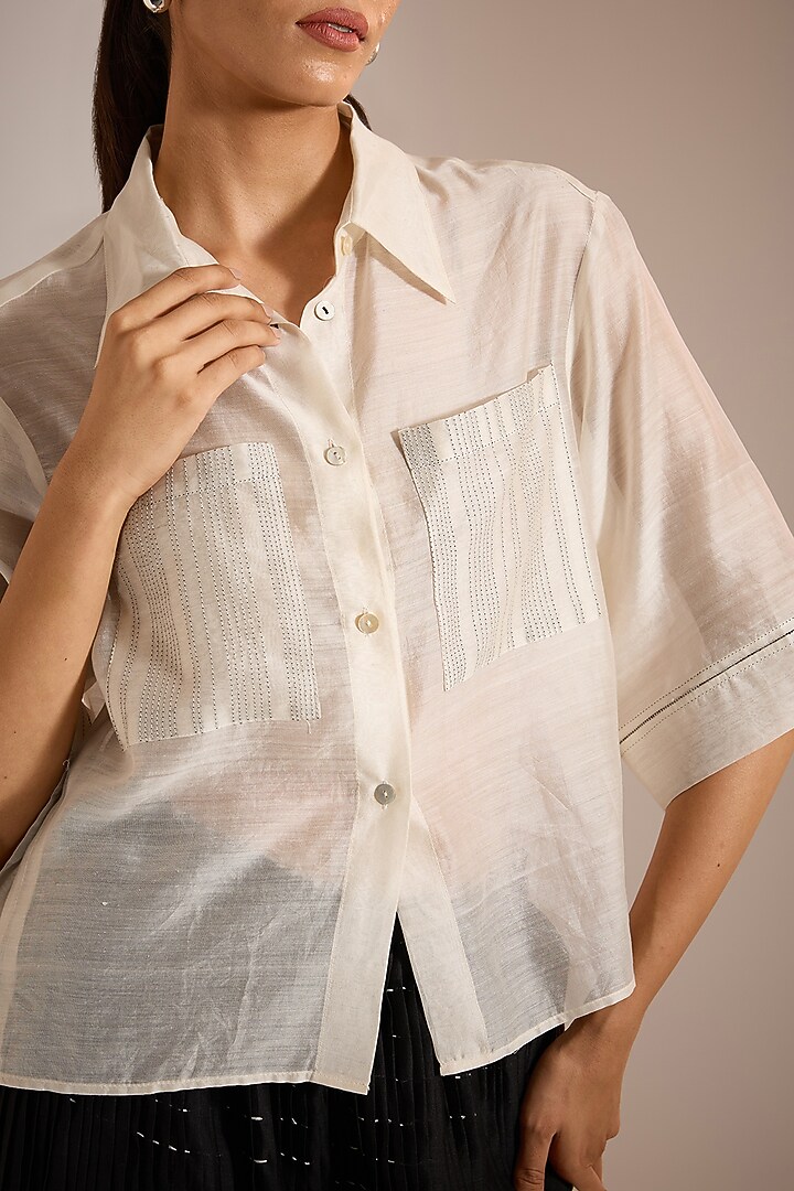 Ecru White Handloom Chanderi Silk Boxy Crop Shirt by Urvashi Kaur at Pernia's Pop Up Shop