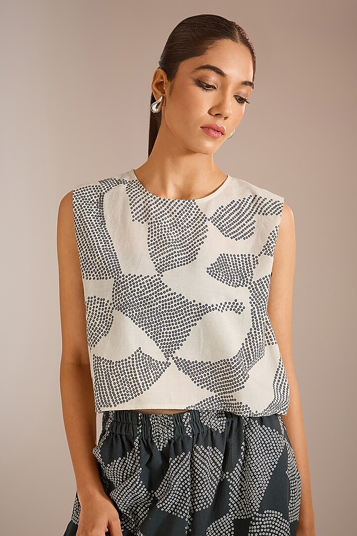 Ecru White Handloom Khadi Cotton Shibori Printed Crop Top by Urvashi Kaur at Pernia's Pop Up Shop