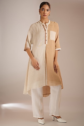 Ecru White & Nude Linen Color-Blocked High-Low Tunic by Urvashi Kaur