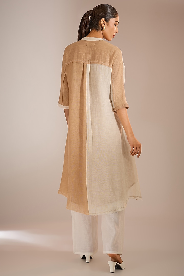 Ecru White & Nude Linen Color-Blocked High-Low Tunic by Urvashi Kaur at Pernia's Pop Up Shop