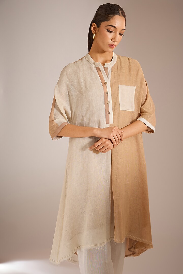 Ecru White & Nude Linen Color-Blocked High-Low Tunic by Urvashi Kaur at Pernia's Pop Up Shop