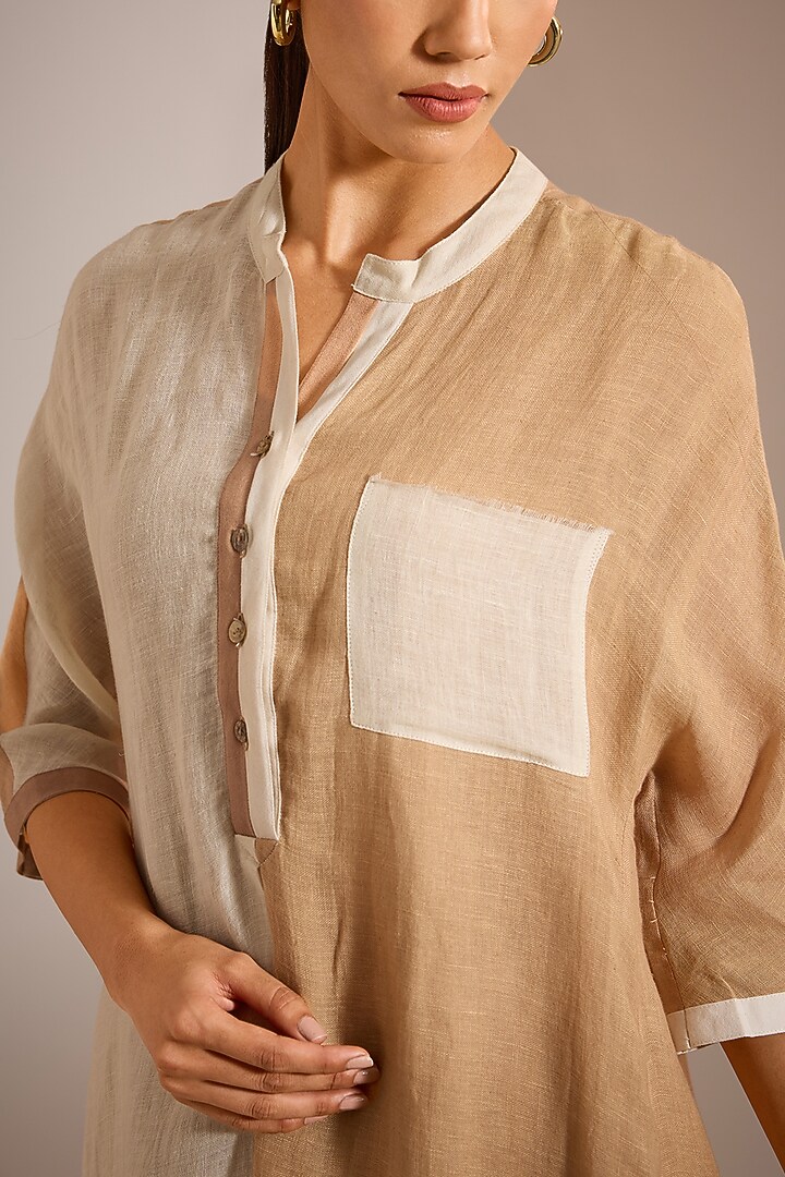 Ecru White & Nude Linen Color-Blocked High-Low Tunic by Urvashi Kaur at Pernia's Pop Up Shop