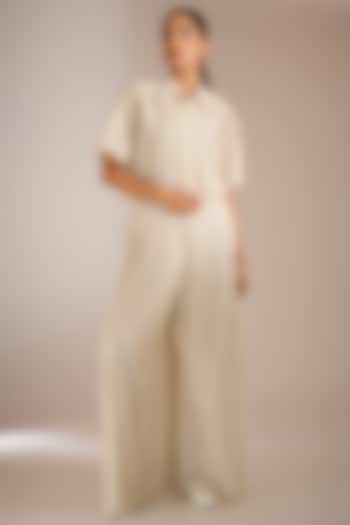 Ecru White Cotton Pleated Wide-Leg Pants by Urvashi Kaur at Pernia's Pop Up Shop