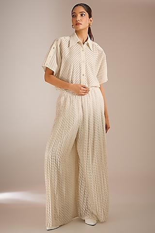 Ecru White Cotton Pleated Wide-Leg Pants by Urvashi Kaur