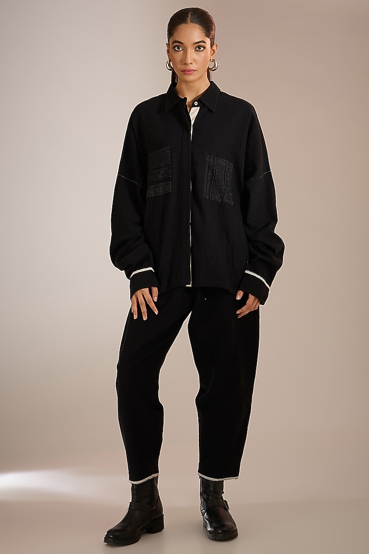 Black Handspun Handloom Denim Shirt by Urvashi Kaur at Pernia's Pop Up Shop