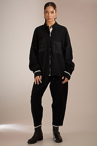 Black Handspun Handloom Denim Shirt by Urvashi Kaur
