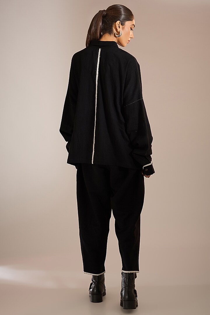 Black Handspun Handloom Denim Shirt by Urvashi Kaur at Pernia's Pop Up Shop