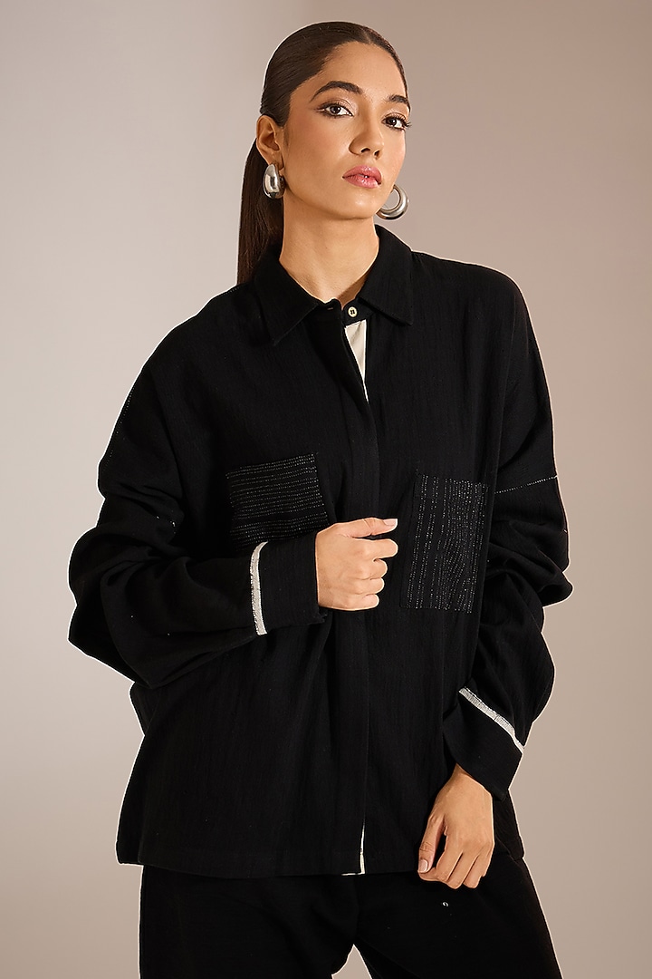 Black Handspun Handloom Denim Shirt by Urvashi Kaur at Pernia's Pop Up Shop