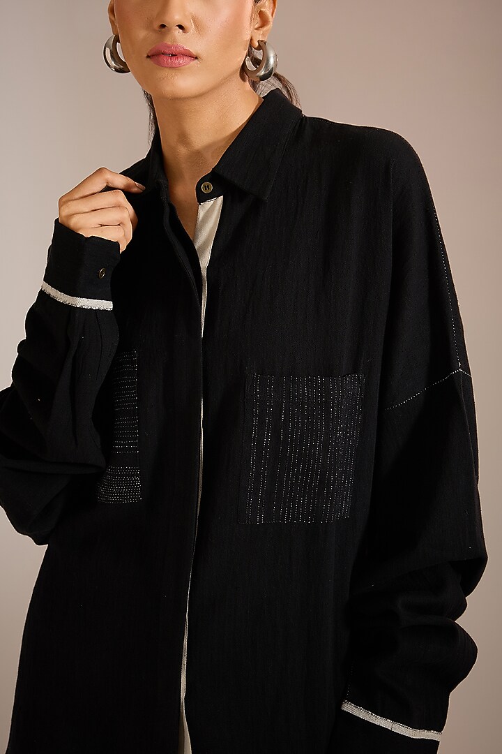 Black Handspun Handloom Denim Shirt by Urvashi Kaur at Pernia's Pop Up Shop
