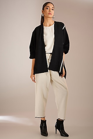 Black Handloom Denim Block Printed Overlay Jacket by Urvashi Kaur