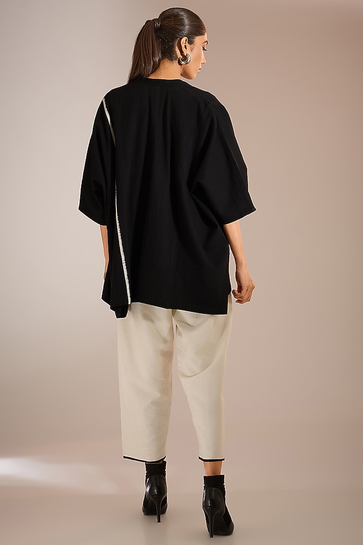 Black Handloom Denim Block Printed Overlay Jacket by Urvashi Kaur at Pernia's Pop Up Shop